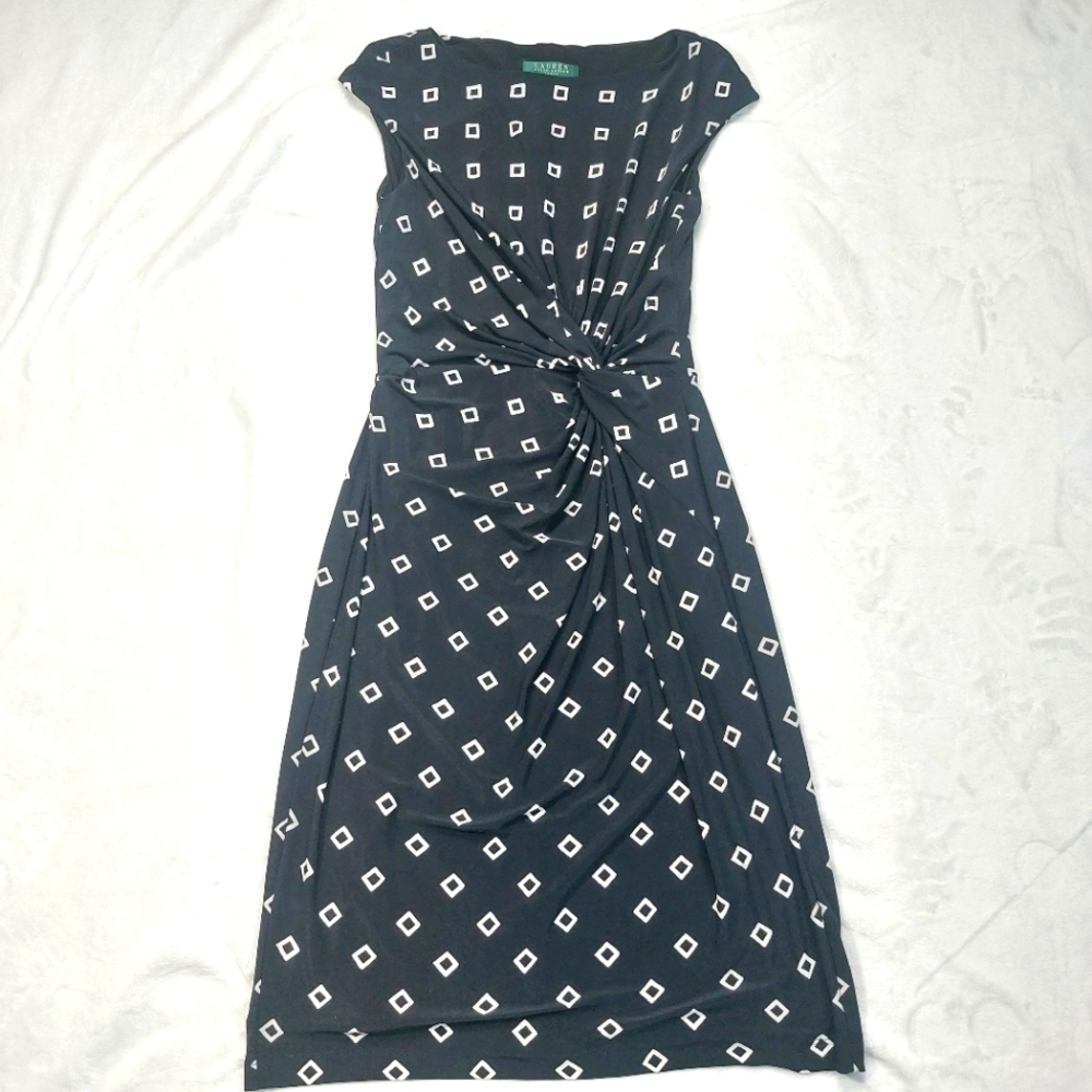 LAUREN RALPH LAUREN WOMEN'S BLACK AND WHITE GEOMETRIC PRINT DRESS SIZE 6